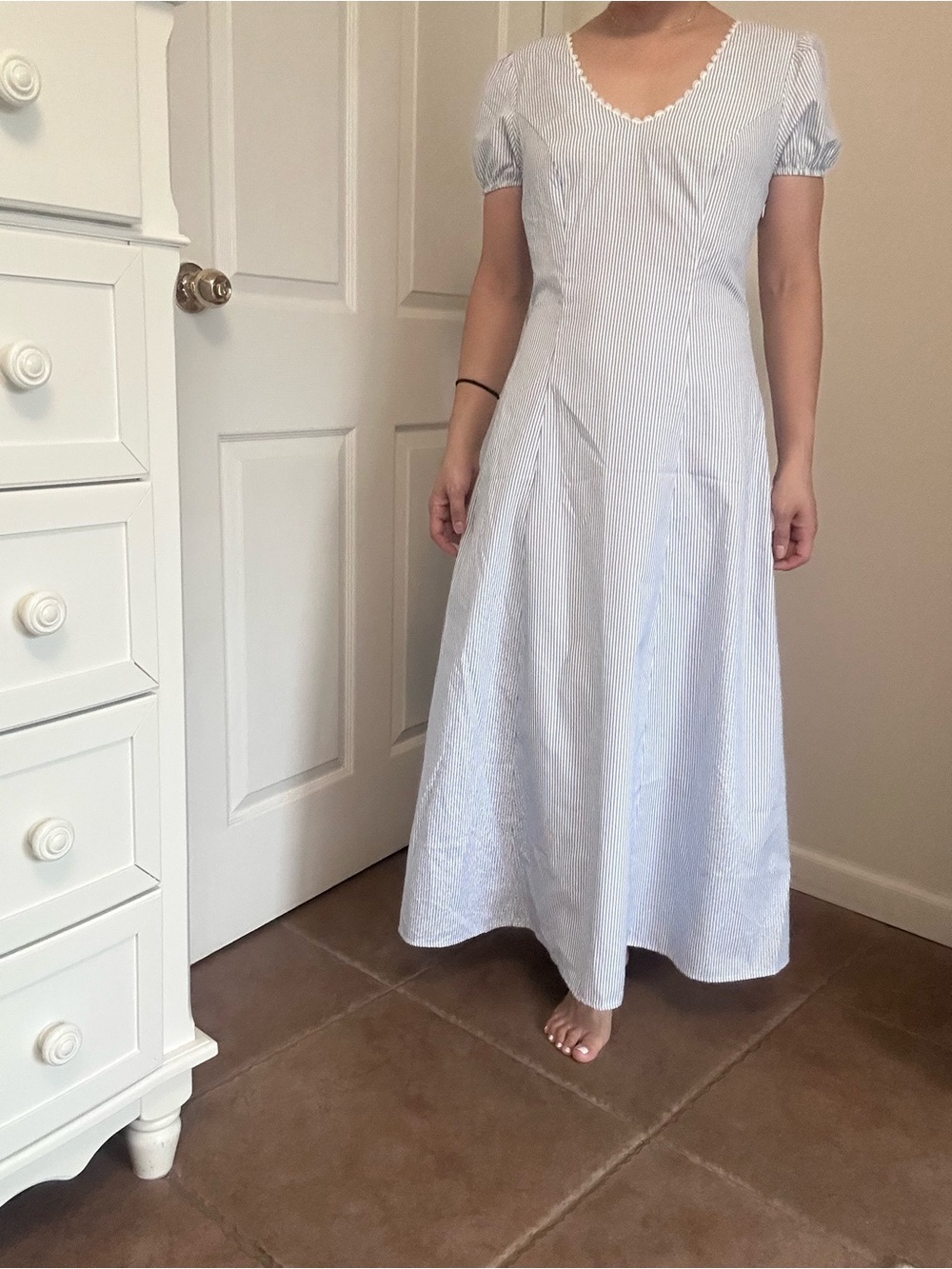 RIHOAS Blue and White Striped Puff Sleeve Midi Dress